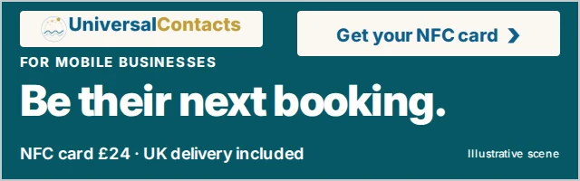 UniversalContacts for mobile businesses. Be their next booking. Keep your booking link within easy reach. NFC card £24, UK delivery included. Get your NFC card.