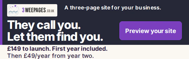 3 Wee Pages: They call you. Let them find you. A three-page site for your business. £149 to launch. First year included. Then £49/year from year two. Preview your site.